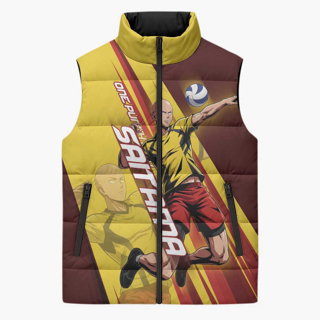Personalized Saitama Volleyball Design Sleeveless Puffer Jacket with Yellow and Red Athletic Theme and Powerful Spike Pose