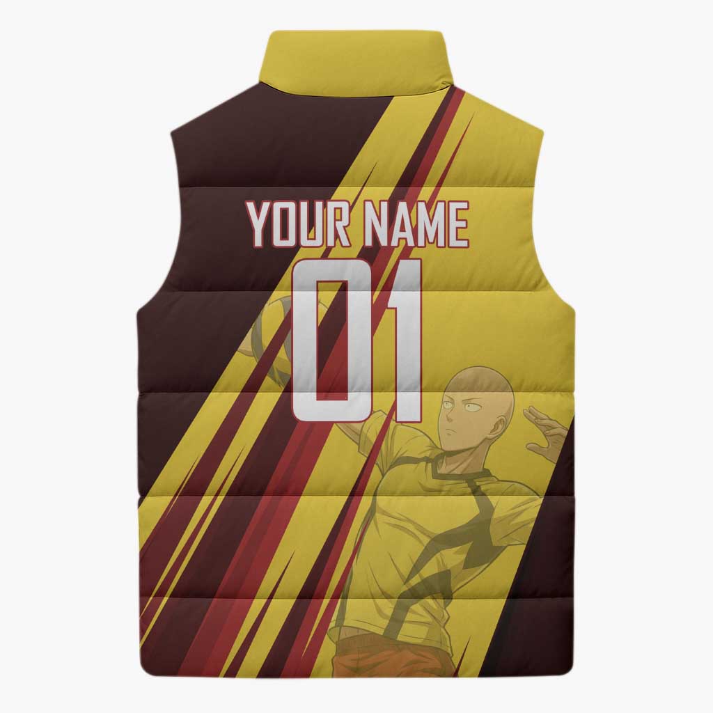 Personalized Saitama Volleyball Design Sleeveless Puffer Jacket with Yellow and Red Athletic Theme and Powerful Spike Pose