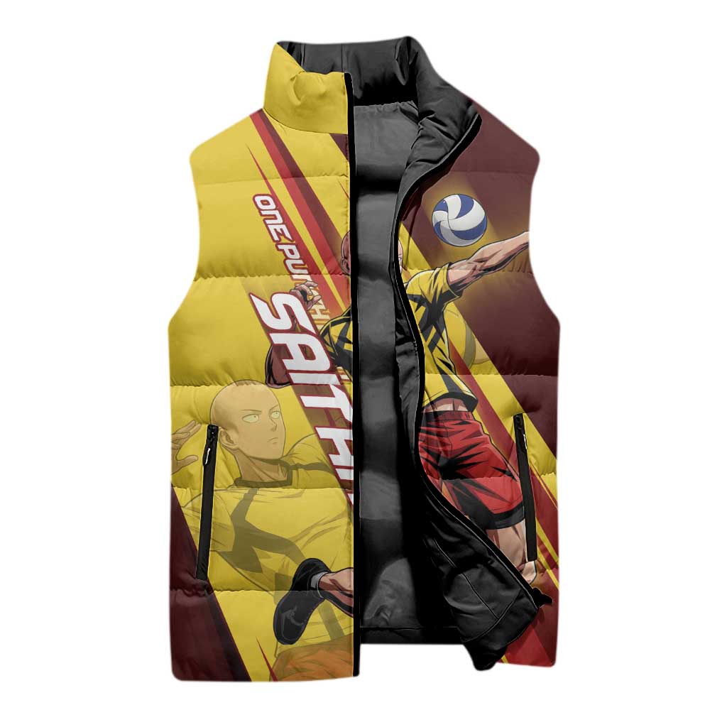 Personalized Saitama Volleyball Design Sleeveless Puffer Jacket with Yellow and Red Athletic Theme and Powerful Spike Pose