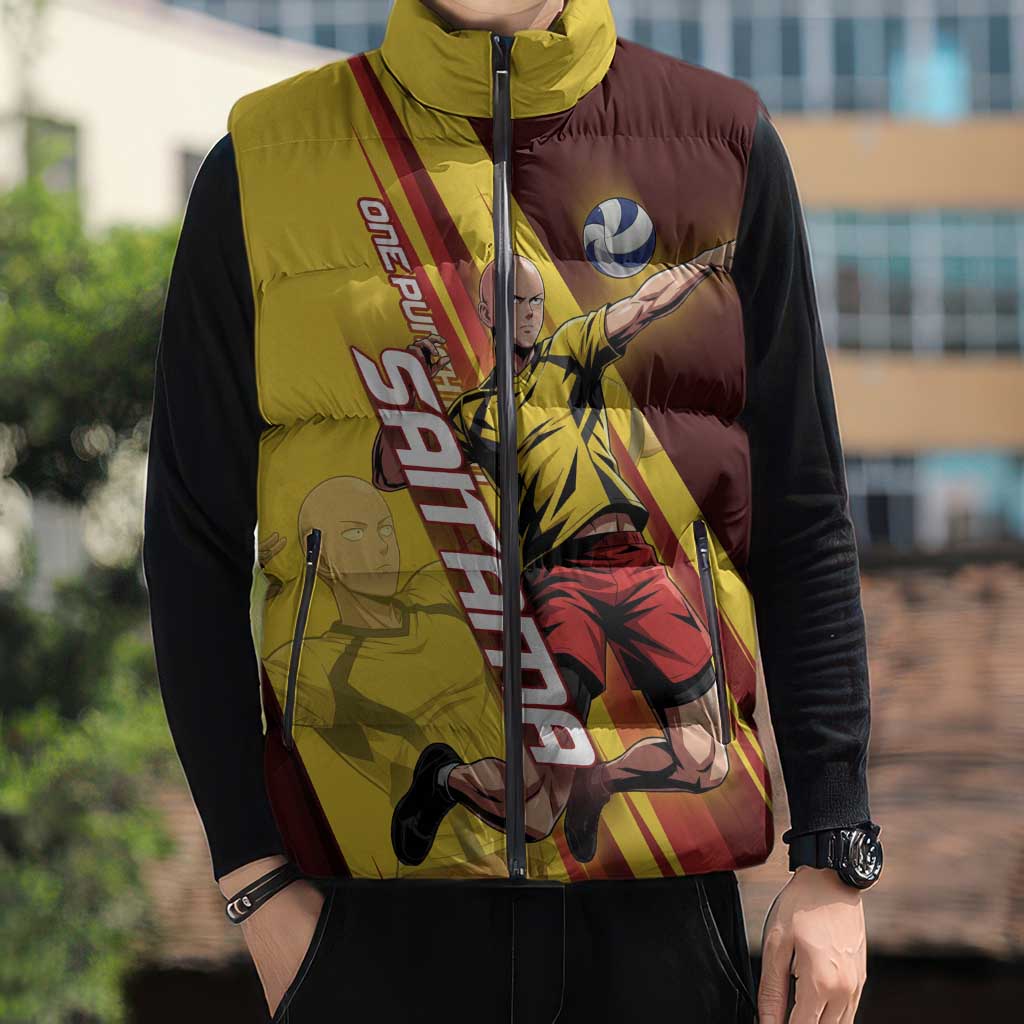 Personalized Saitama Volleyball Design Sleeveless Puffer Jacket with Yellow and Red Athletic Theme and Powerful Spike Pose