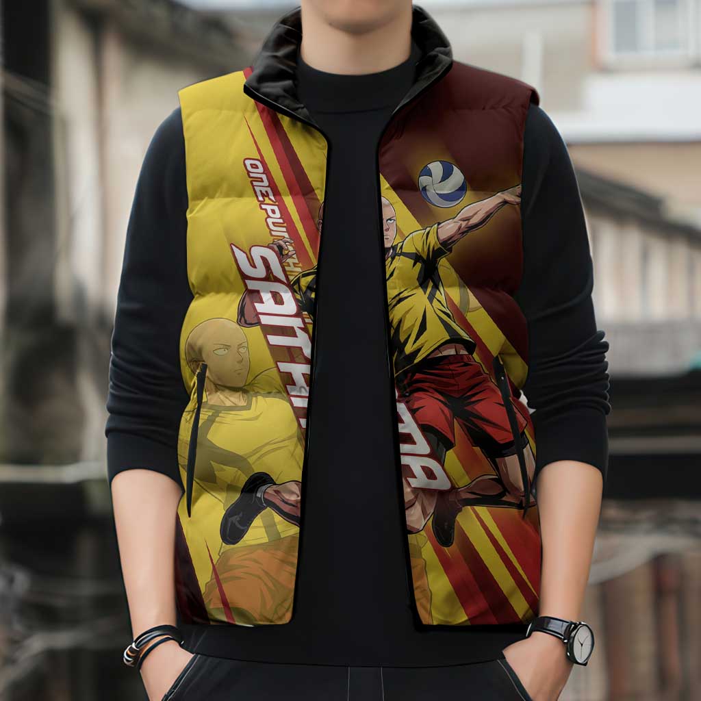 Personalized Saitama Volleyball Design Sleeveless Puffer Jacket with Yellow and Red Athletic Theme and Powerful Spike Pose