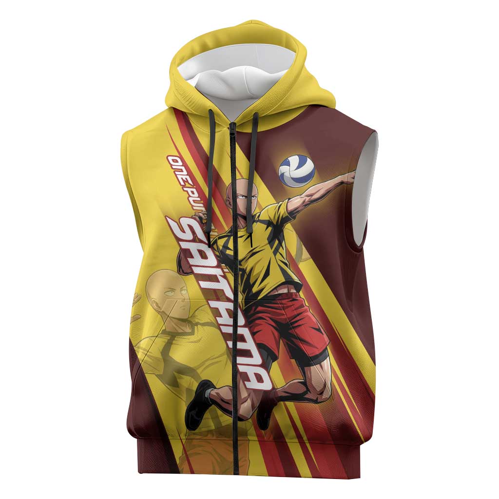 Personalized Saitama Volleyball Design Sleeveless Zip Hoodie with Yellow and Red Athletic Theme and Powerful Spike Pose