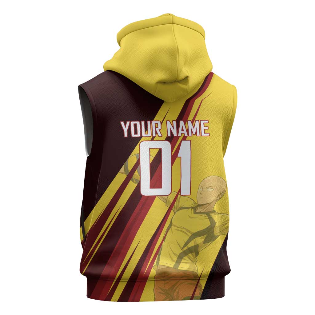 Personalized Saitama Volleyball Design Sleeveless Zip Hoodie with Yellow and Red Athletic Theme and Powerful Spike Pose
