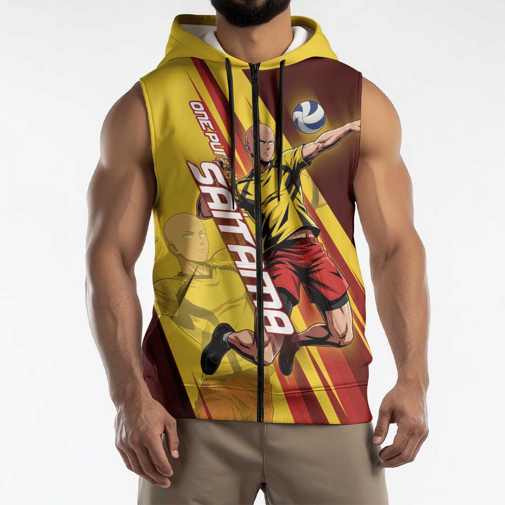 Personalized Saitama Volleyball Design Sleeveless Zip Hoodie with Yellow and Red Athletic Theme and Powerful Spike Pose
