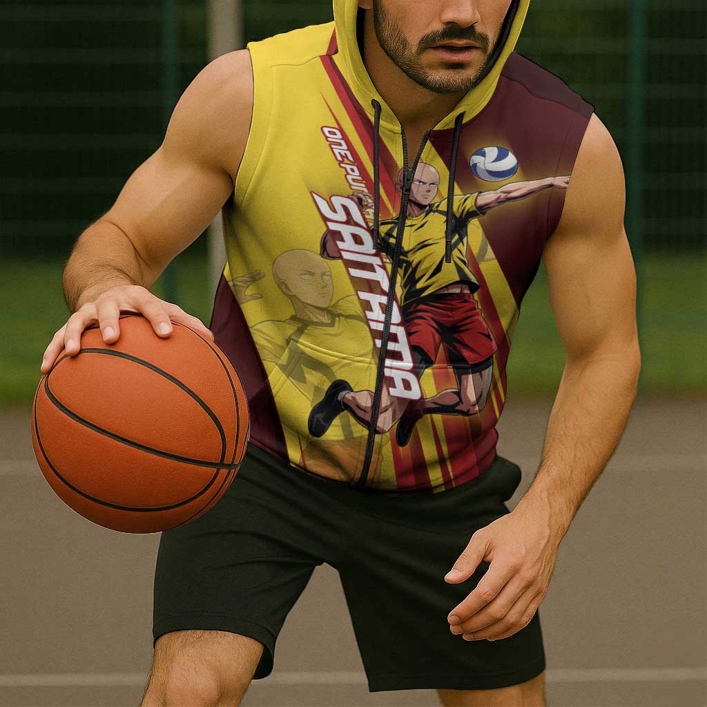 Personalized Saitama Volleyball Design Sleeveless Zip Hoodie with Yellow and Red Athletic Theme and Powerful Spike Pose