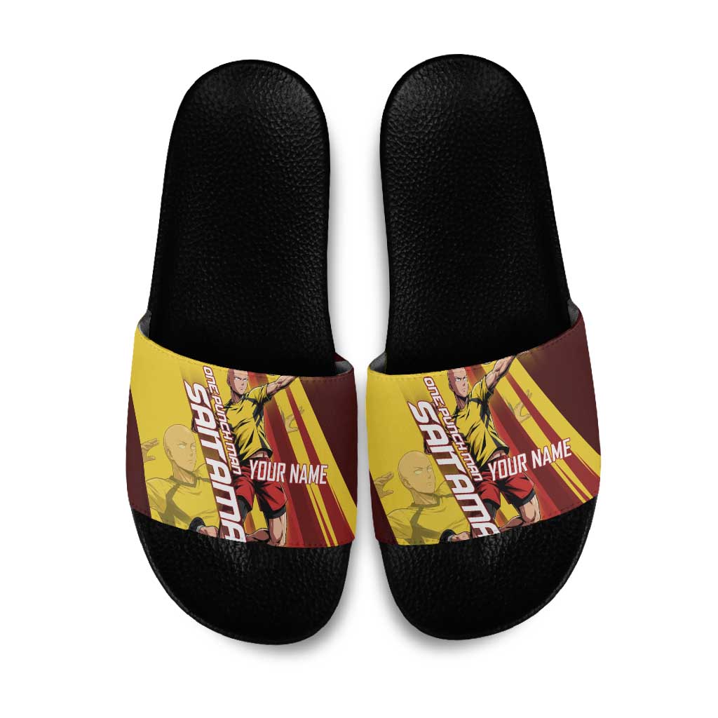 Personalized Saitama Volleyball Design Slide Sandals with Yellow and Red Athletic Theme and Powerful Spike Pose