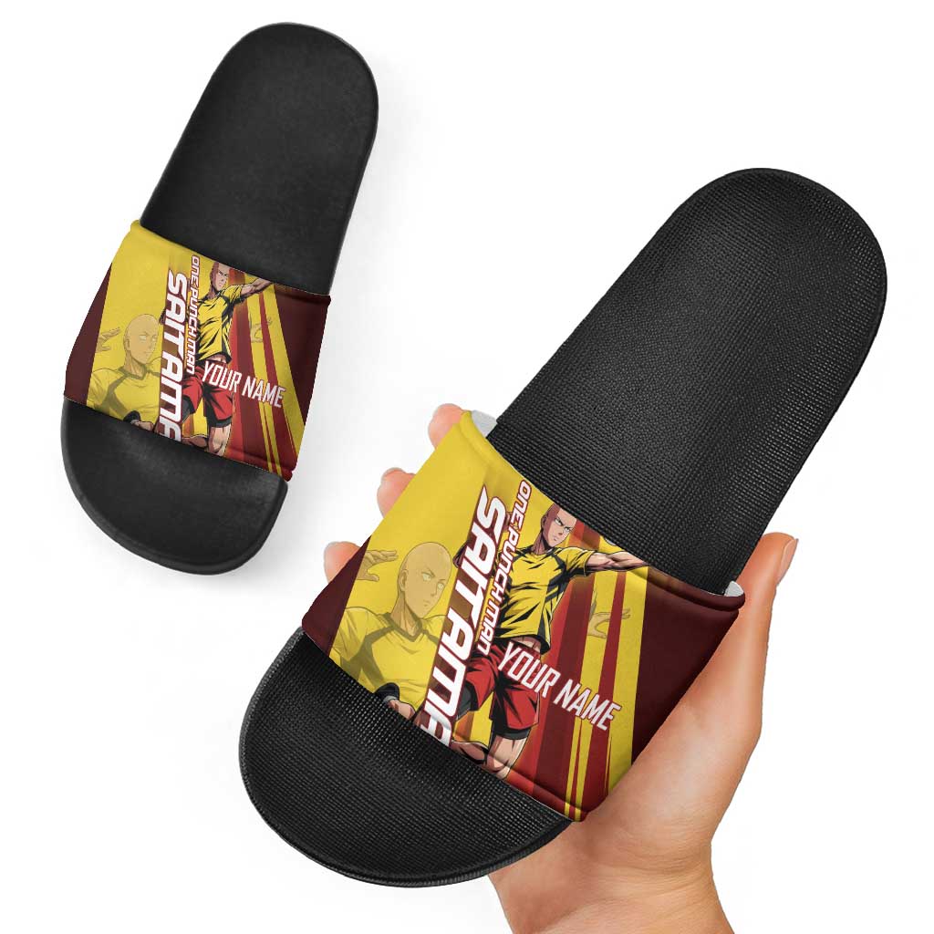 Personalized Saitama Volleyball Design Slide Sandals with Yellow and Red Athletic Theme and Powerful Spike Pose