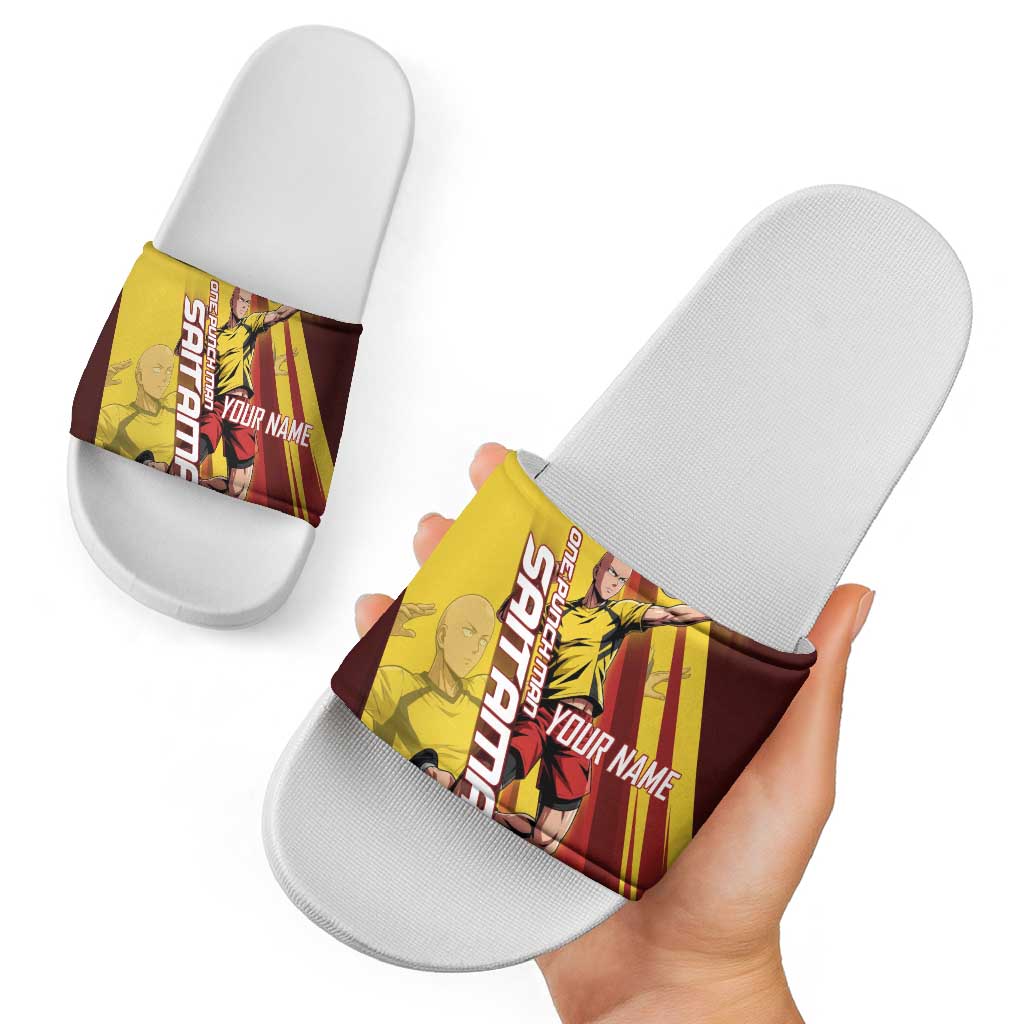 Personalized Saitama Volleyball Design Slide Sandals with Yellow and Red Athletic Theme and Powerful Spike Pose