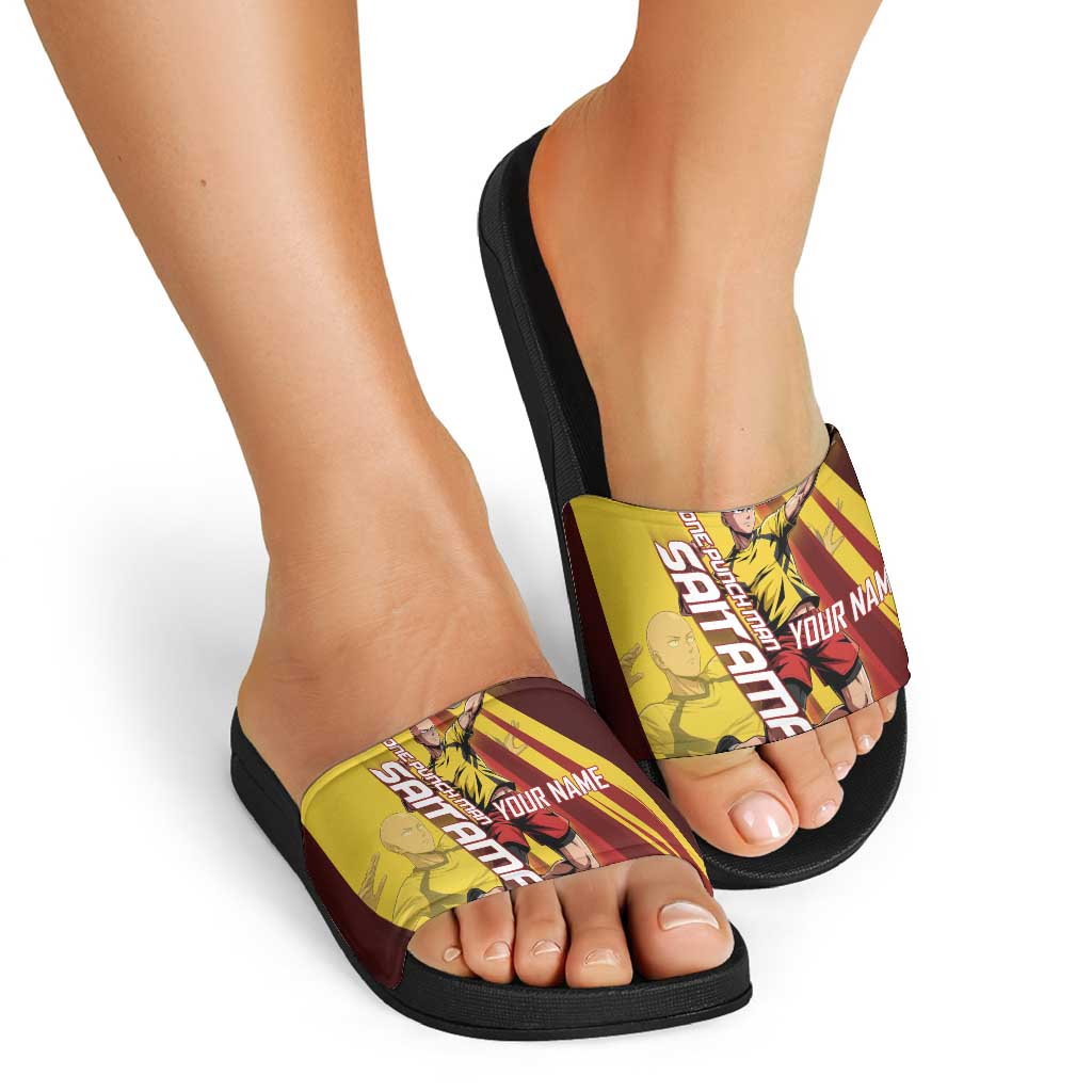 Personalized Saitama Volleyball Design Slide Sandals with Yellow and Red Athletic Theme and Powerful Spike Pose