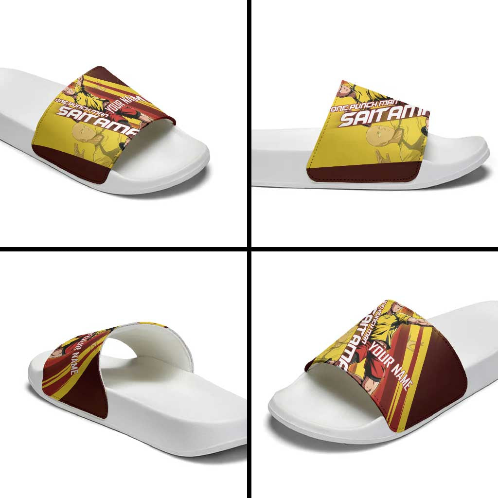 Personalized Saitama Volleyball Design Slide Sandals with Yellow and Red Athletic Theme and Powerful Spike Pose