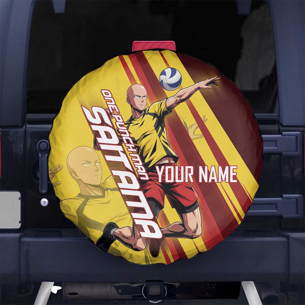 Personalized Saitama Volleyball Design Spare Tire Cover with Yellow and Red Athletic Theme and Powerful Spike Pose