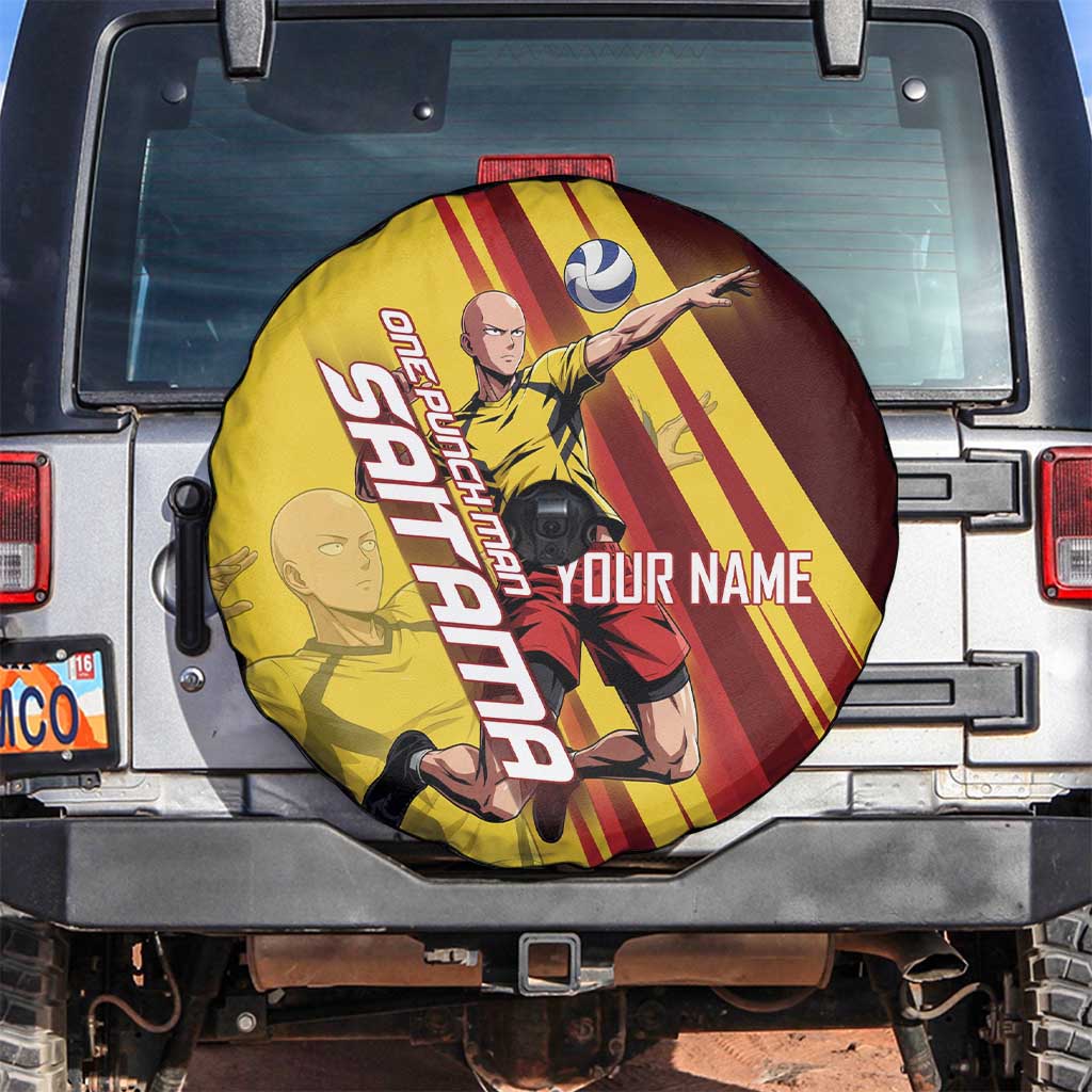 Personalized Saitama Volleyball Design Spare Tire Cover with Yellow and Red Athletic Theme and Powerful Spike Pose
