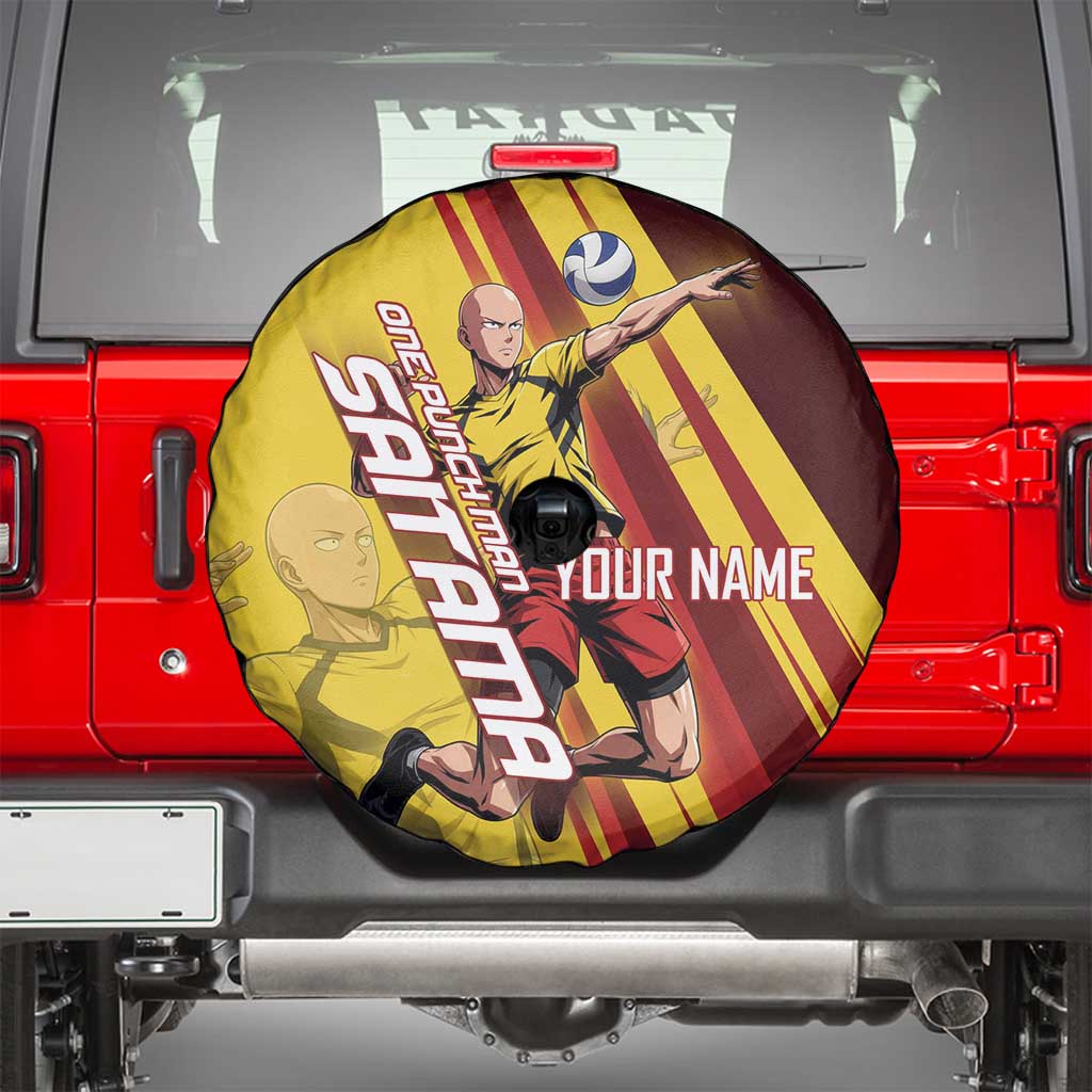 Personalized Saitama Volleyball Design Spare Tire Cover with Yellow and Red Athletic Theme and Powerful Spike Pose