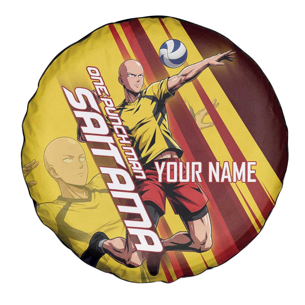Personalized Saitama Volleyball Design Spare Tire Cover with Yellow and Red Athletic Theme and Powerful Spike Pose