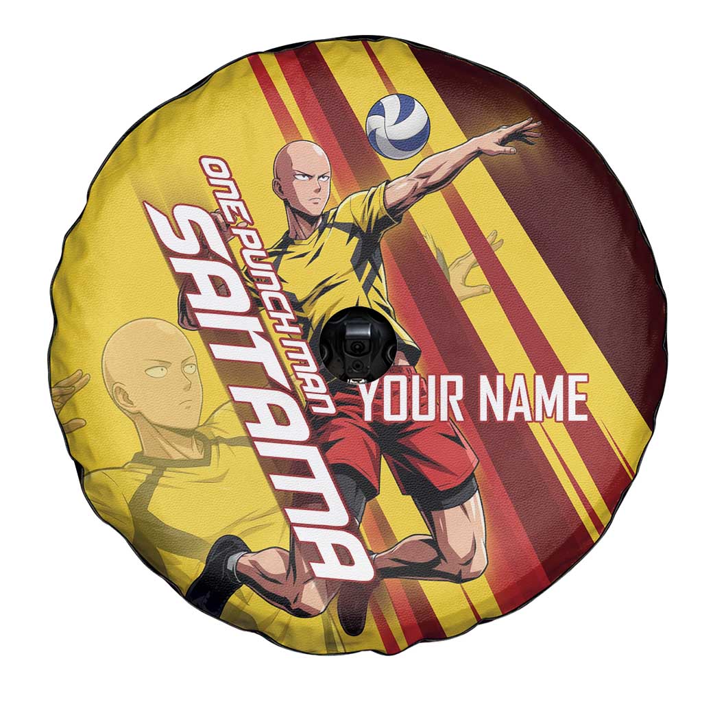 Personalized Saitama Volleyball Design Spare Tire Cover with Yellow and Red Athletic Theme and Powerful Spike Pose