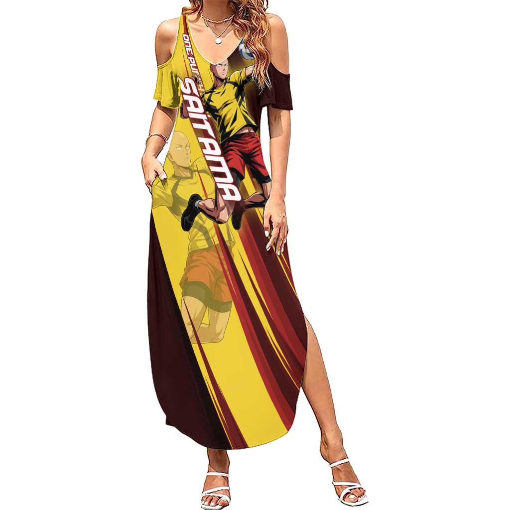 Personalized Saitama Volleyball Design Summer Maxi Dress with Yellow and Red Athletic Theme and Powerful Spike Pose