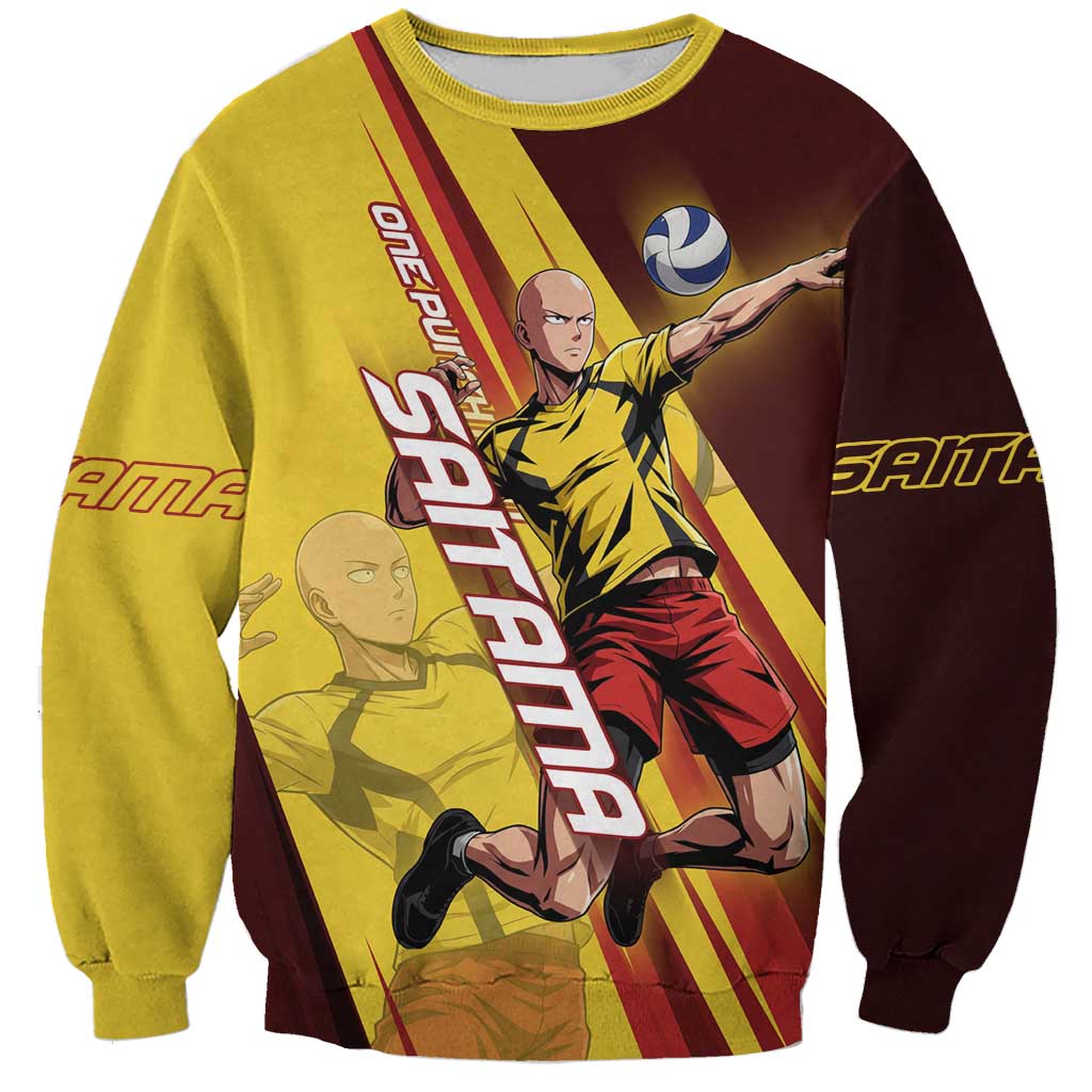 Personalized Saitama Volleyball Design Sweatshirt with Yellow and Red Athletic Theme and Powerful Spike Pose