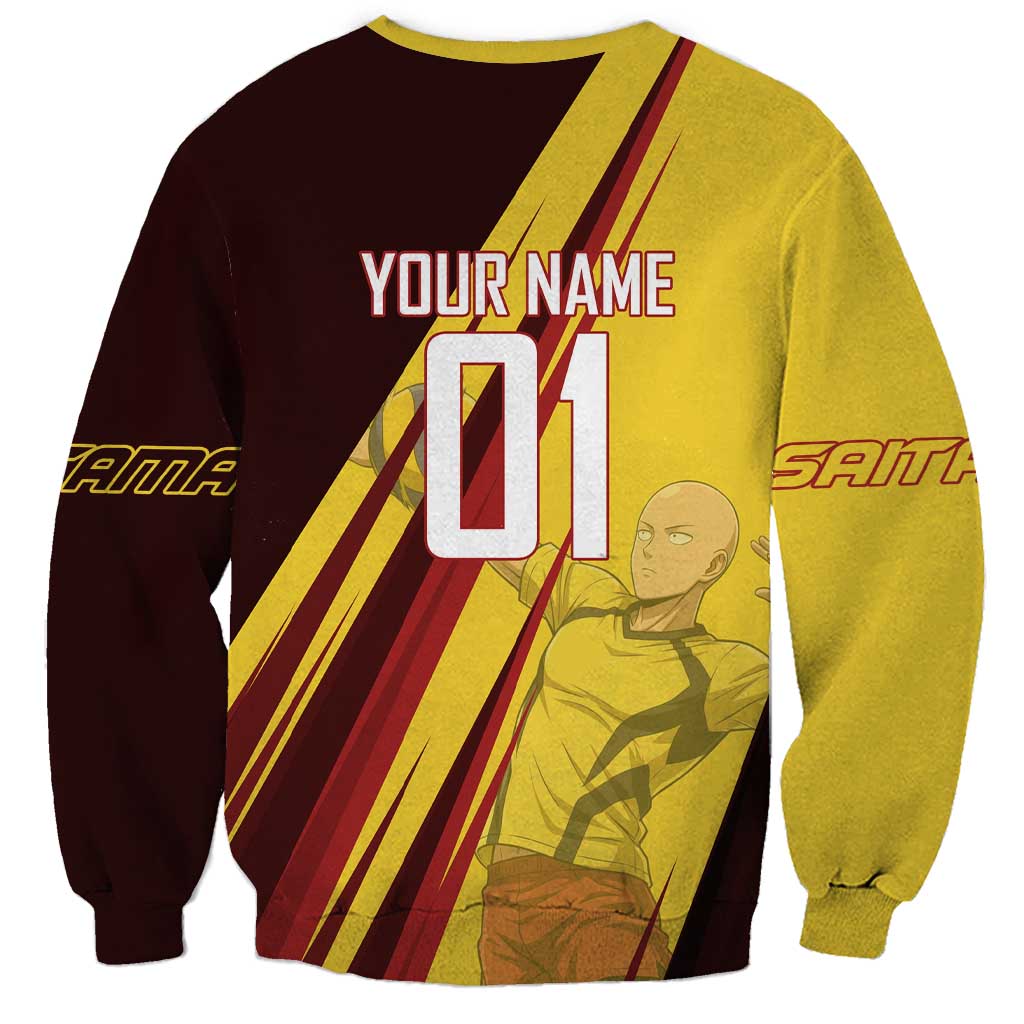 Personalized Saitama Volleyball Design Sweatshirt with Yellow and Red Athletic Theme and Powerful Spike Pose