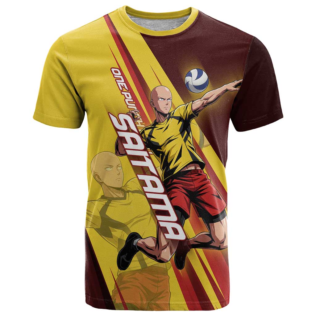 Personalized Saitama Volleyball Design T Shirt with Yellow and Red Athletic Theme and Powerful Spike Pose
