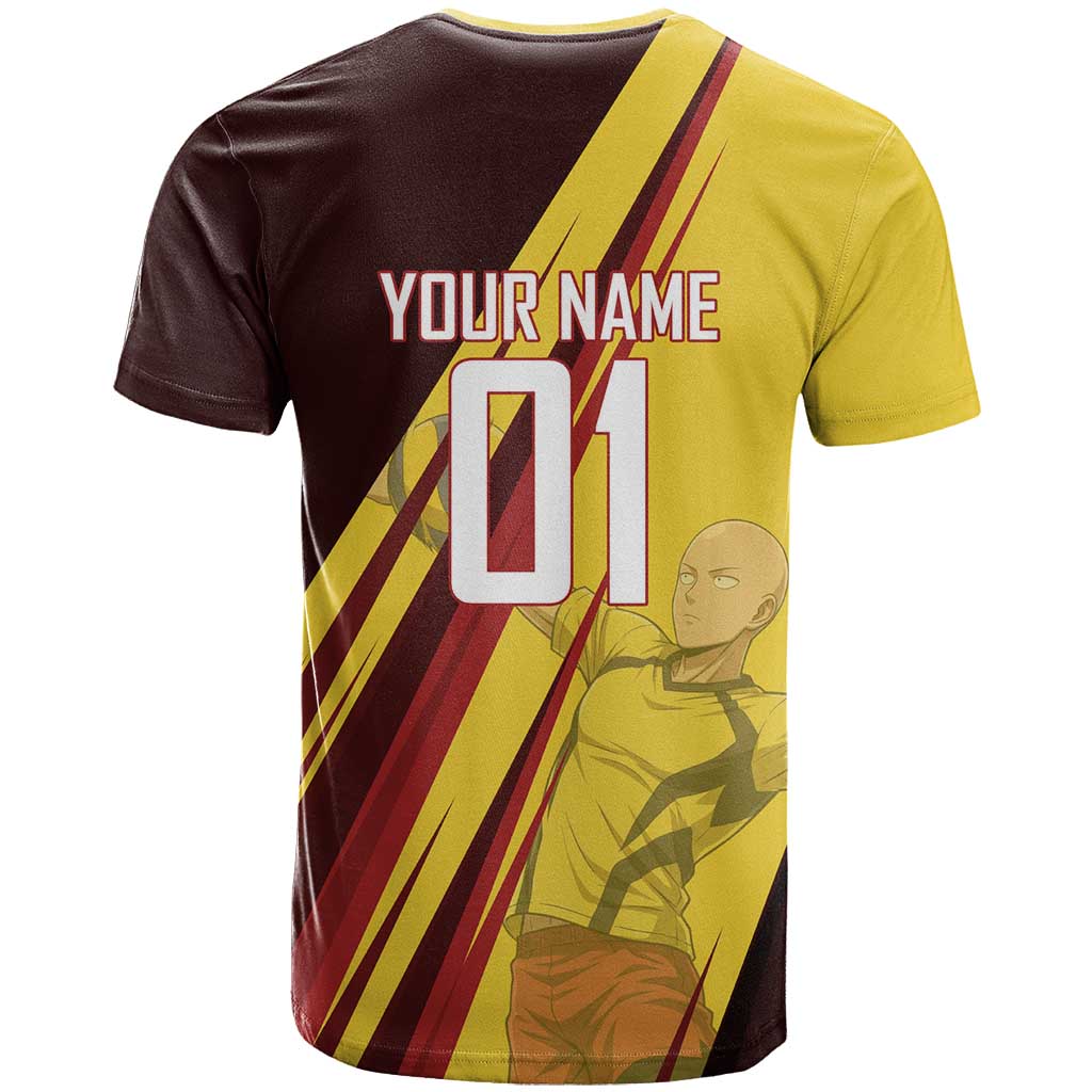 Personalized Saitama Volleyball Design T Shirt with Yellow and Red Athletic Theme and Powerful Spike Pose