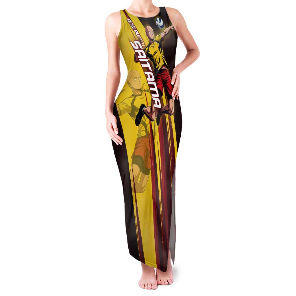 Personalized Saitama Volleyball Design Tank Maxi Dress with Yellow and Red Athletic Theme and Powerful Spike Pose