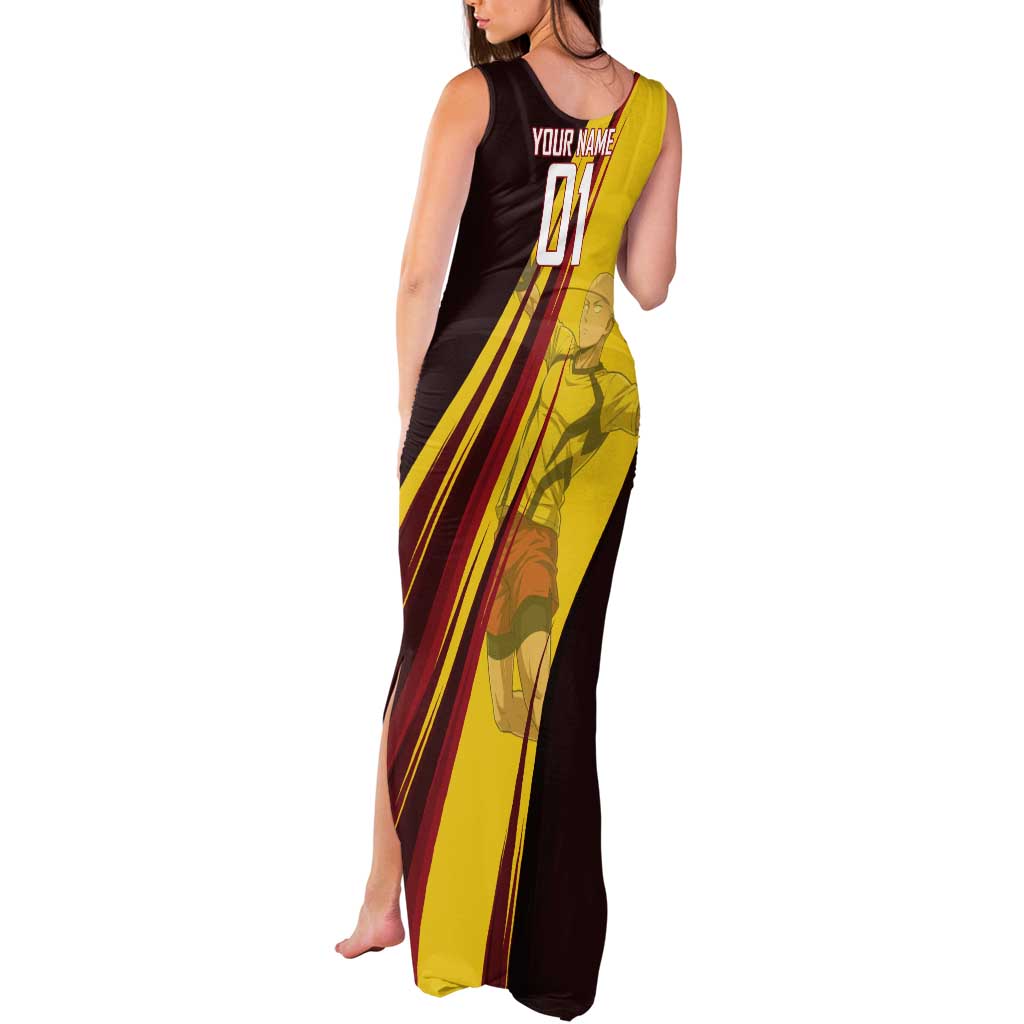 Personalized Saitama Volleyball Design Tank Maxi Dress with Yellow and Red Athletic Theme and Powerful Spike Pose