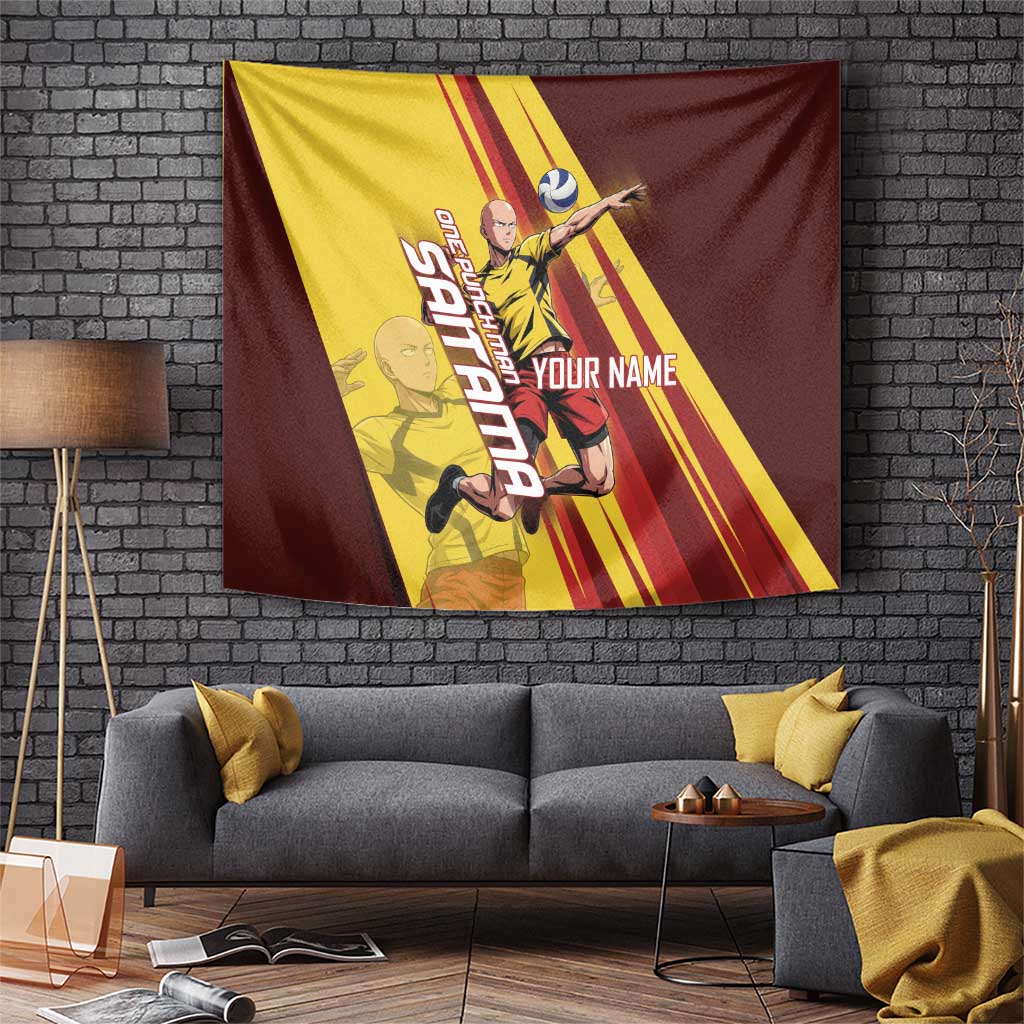 Personalized Saitama Volleyball Design Tapestry with Yellow and Red Athletic Theme and Powerful Spike Pose