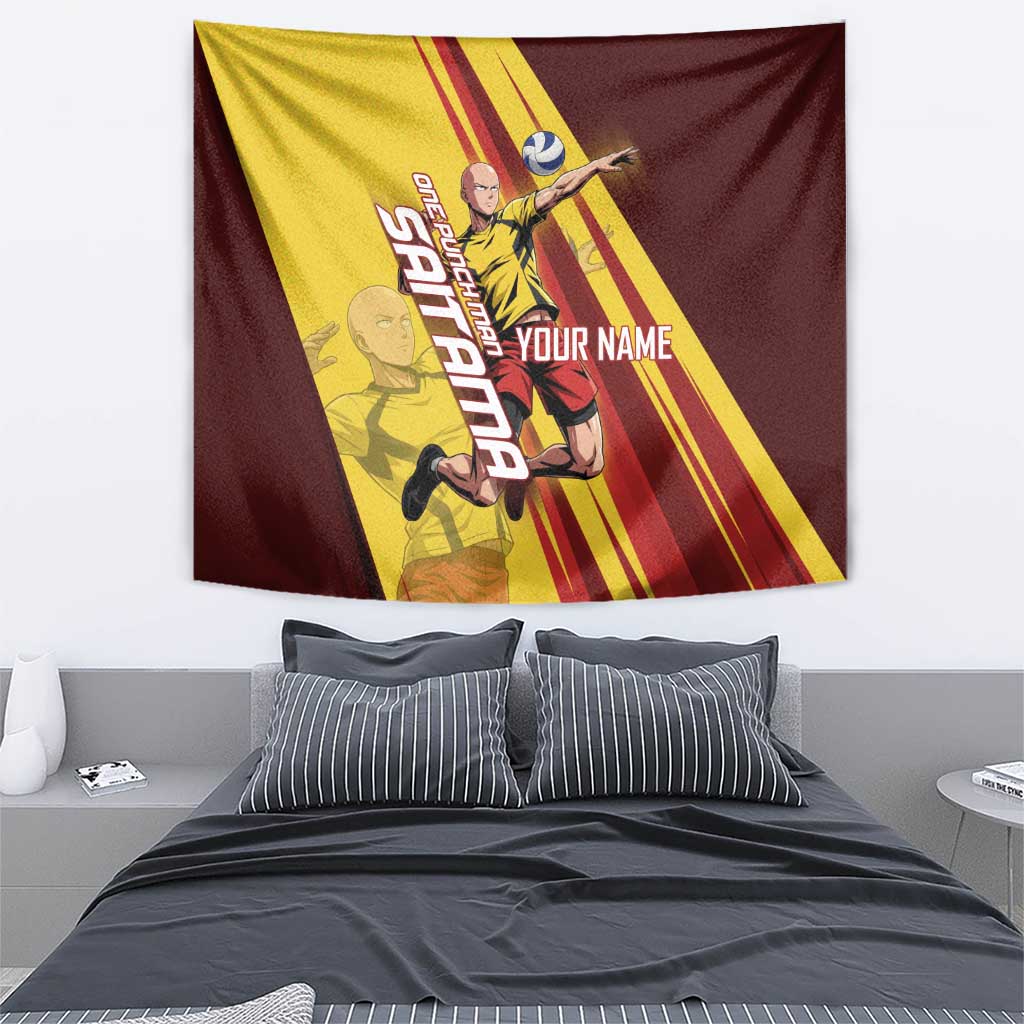 Personalized Saitama Volleyball Design Tapestry with Yellow and Red Athletic Theme and Powerful Spike Pose