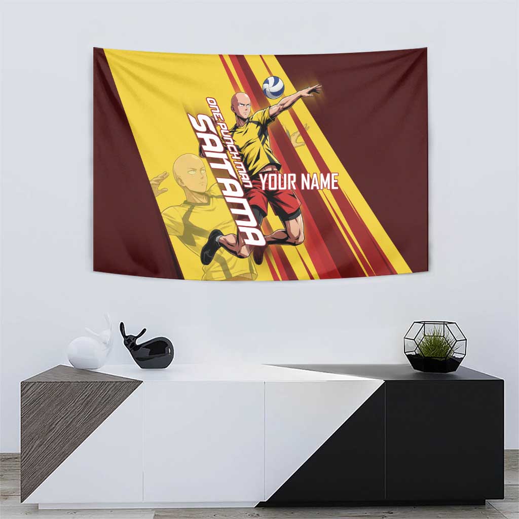 Personalized Saitama Volleyball Design Tapestry with Yellow and Red Athletic Theme and Powerful Spike Pose