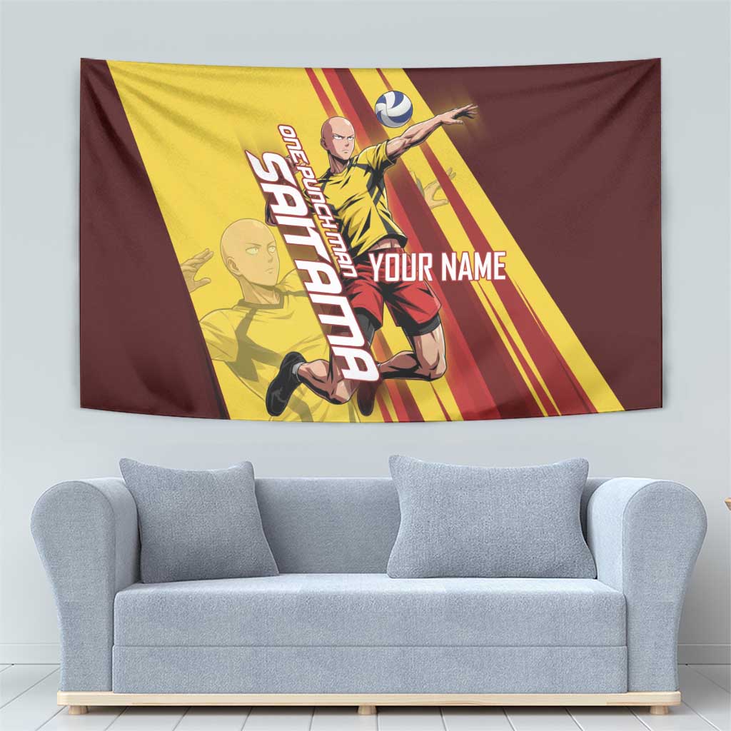 Personalized Saitama Volleyball Design Tapestry with Yellow and Red Athletic Theme and Powerful Spike Pose