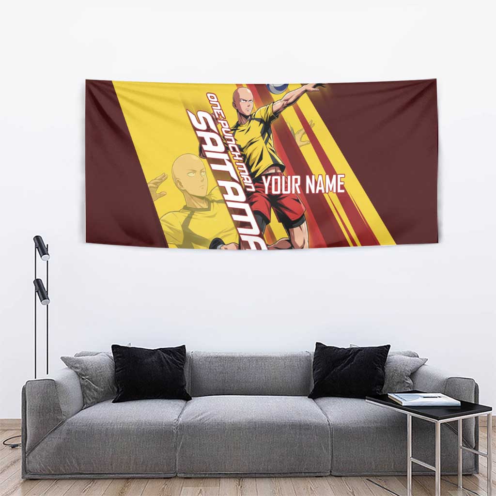 Personalized Saitama Volleyball Design Tapestry with Yellow and Red Athletic Theme and Powerful Spike Pose
