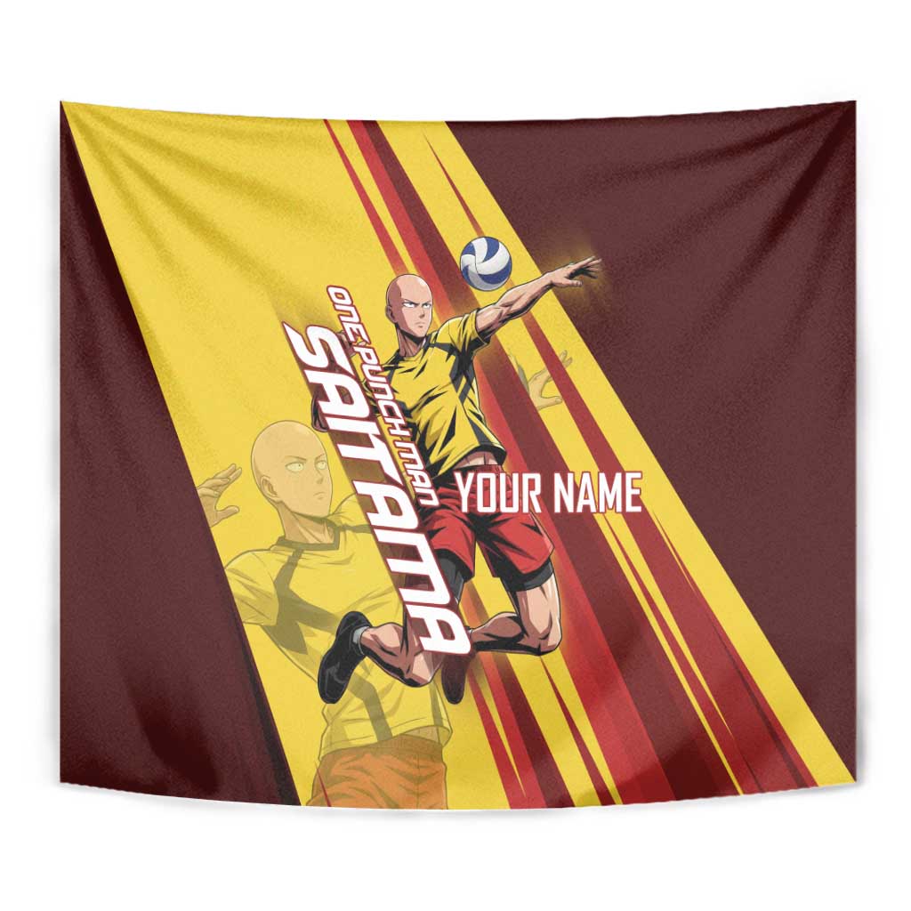 Personalized Saitama Volleyball Design Tapestry with Yellow and Red Athletic Theme and Powerful Spike Pose