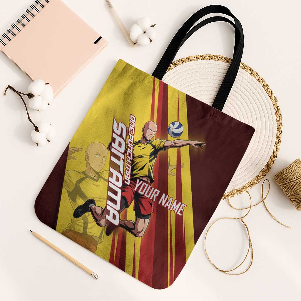 Personalized Saitama Volleyball Design Tote Bag with Yellow and Red Athletic Theme and Powerful Spike Pose