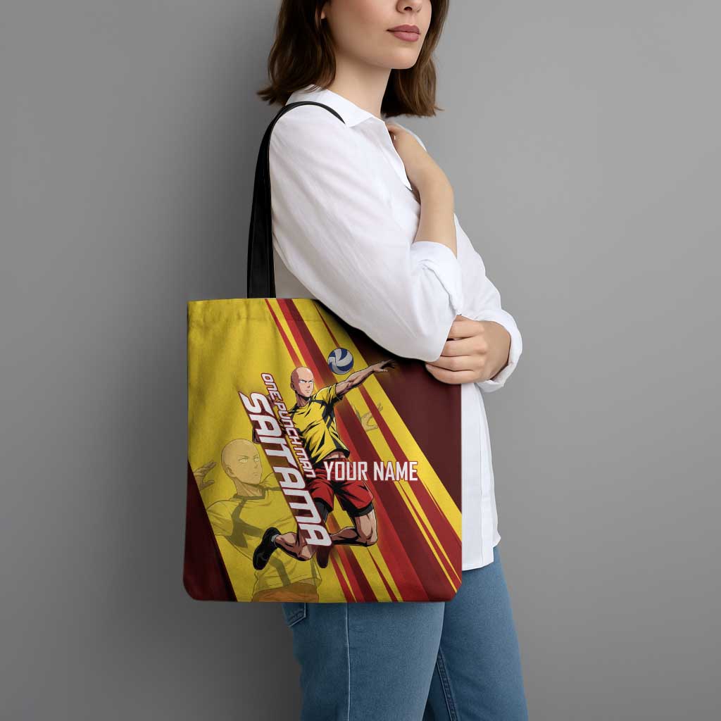 Personalized Saitama Volleyball Design Tote Bag with Yellow and Red Athletic Theme and Powerful Spike Pose