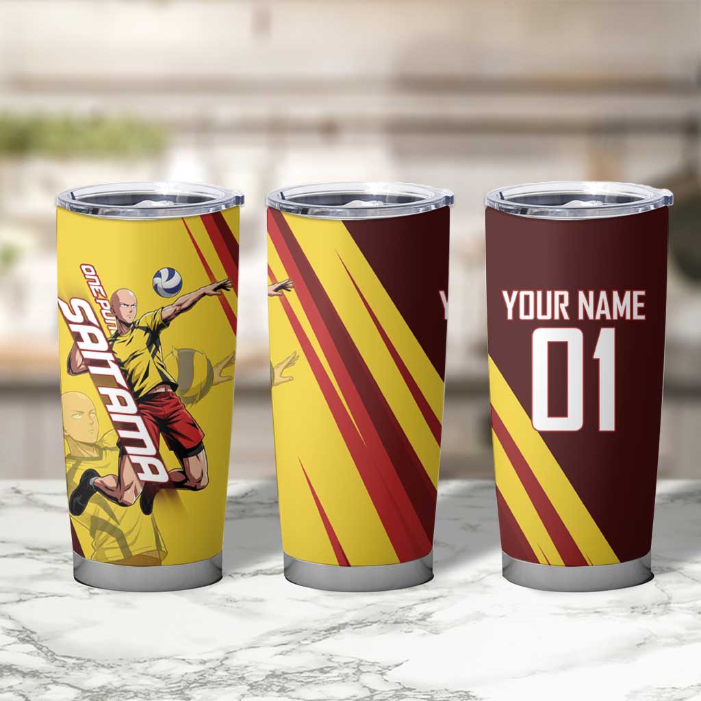 Personalized Saitama Volleyball Design Tumbler Cup with Yellow and Red Athletic Theme and Powerful Spike Pose