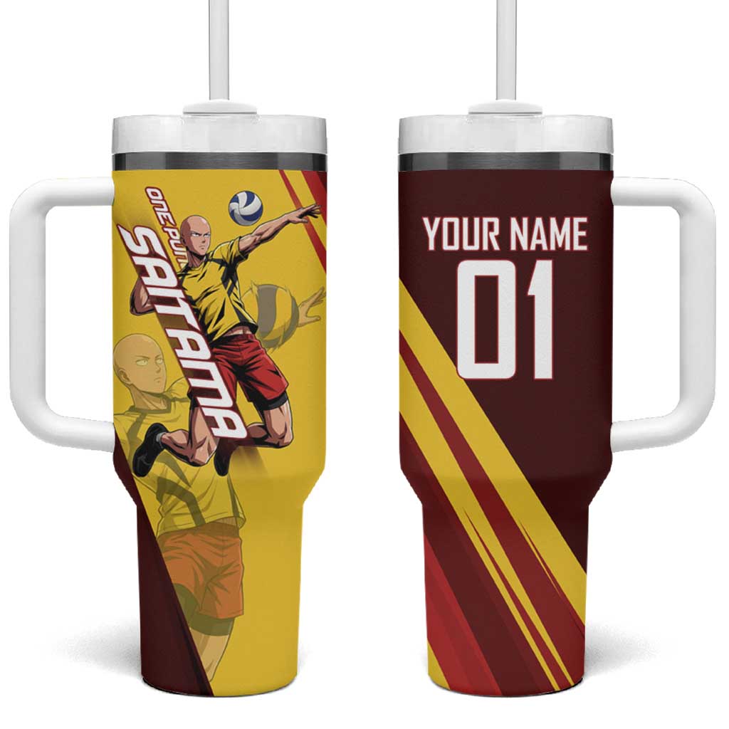 Personalized Saitama Volleyball Design Tumbler With Handle with Yellow and Red Athletic Theme and Powerful Spike Pose