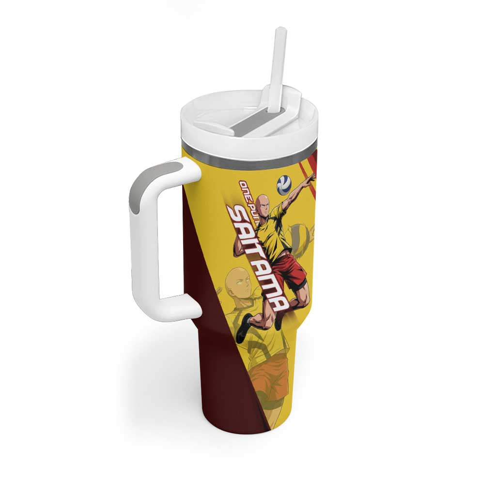 Personalized Saitama Volleyball Design Tumbler With Handle with Yellow and Red Athletic Theme and Powerful Spike Pose