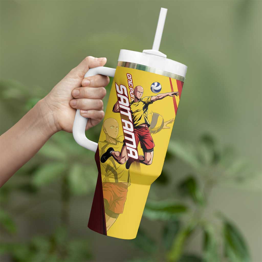 Personalized Saitama Volleyball Design Tumbler With Handle with Yellow and Red Athletic Theme and Powerful Spike Pose