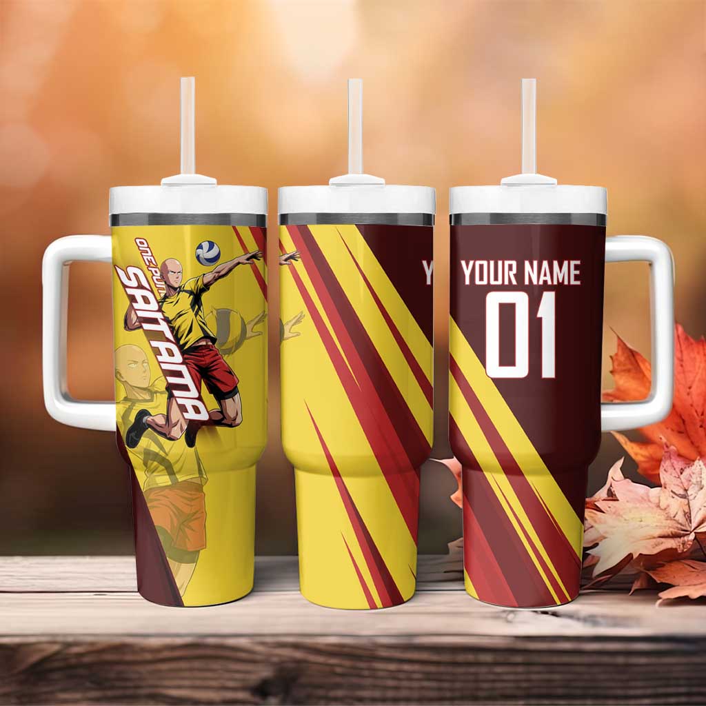 Personalized Saitama Volleyball Design Tumbler With Handle with Yellow and Red Athletic Theme and Powerful Spike Pose