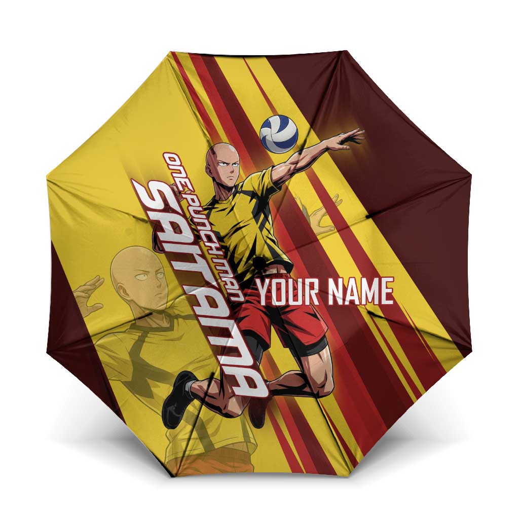 Personalized Saitama Volleyball Design Umbrella with Yellow and Red Athletic Theme and Powerful Spike Pose