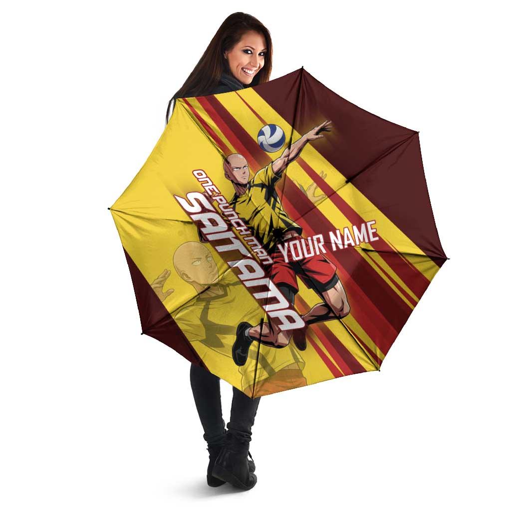Personalized Saitama Volleyball Design Umbrella with Yellow and Red Athletic Theme and Powerful Spike Pose