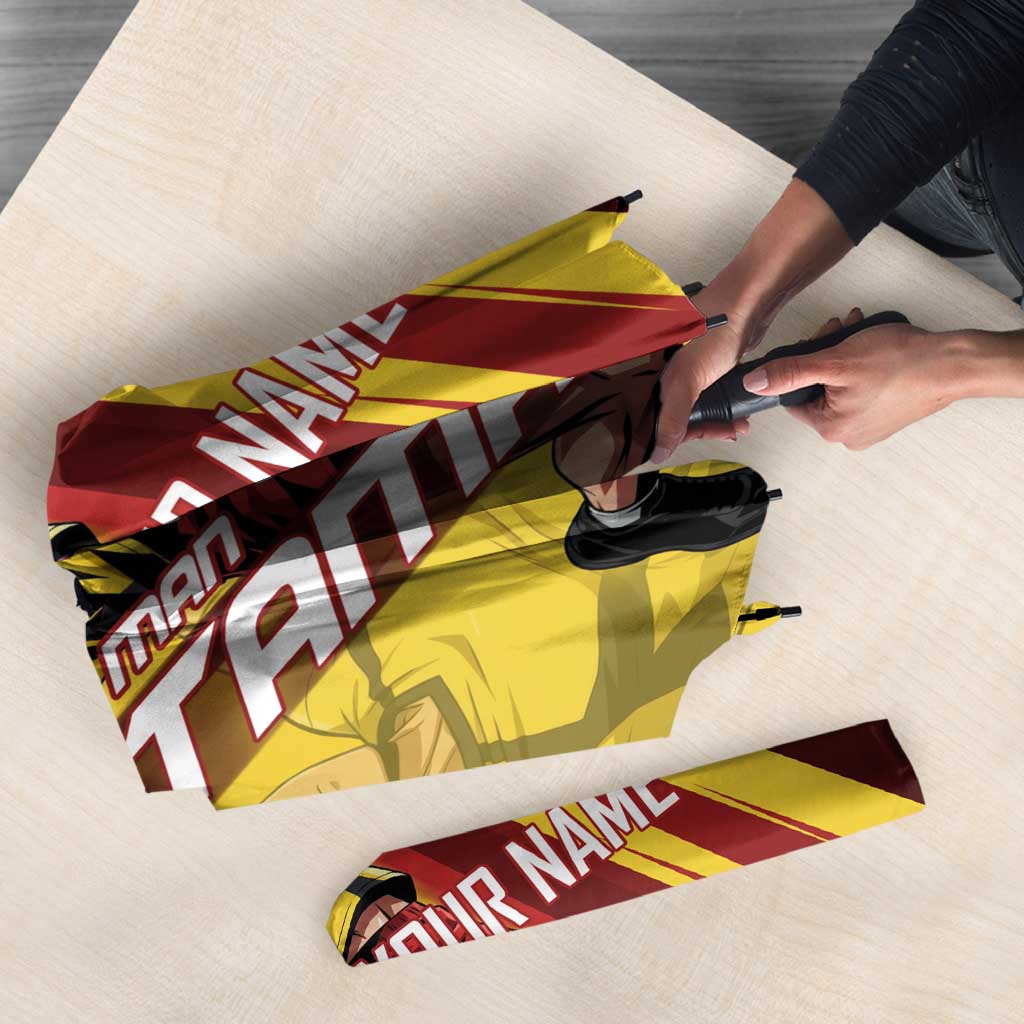 Personalized Saitama Volleyball Design Umbrella with Yellow and Red Athletic Theme and Powerful Spike Pose