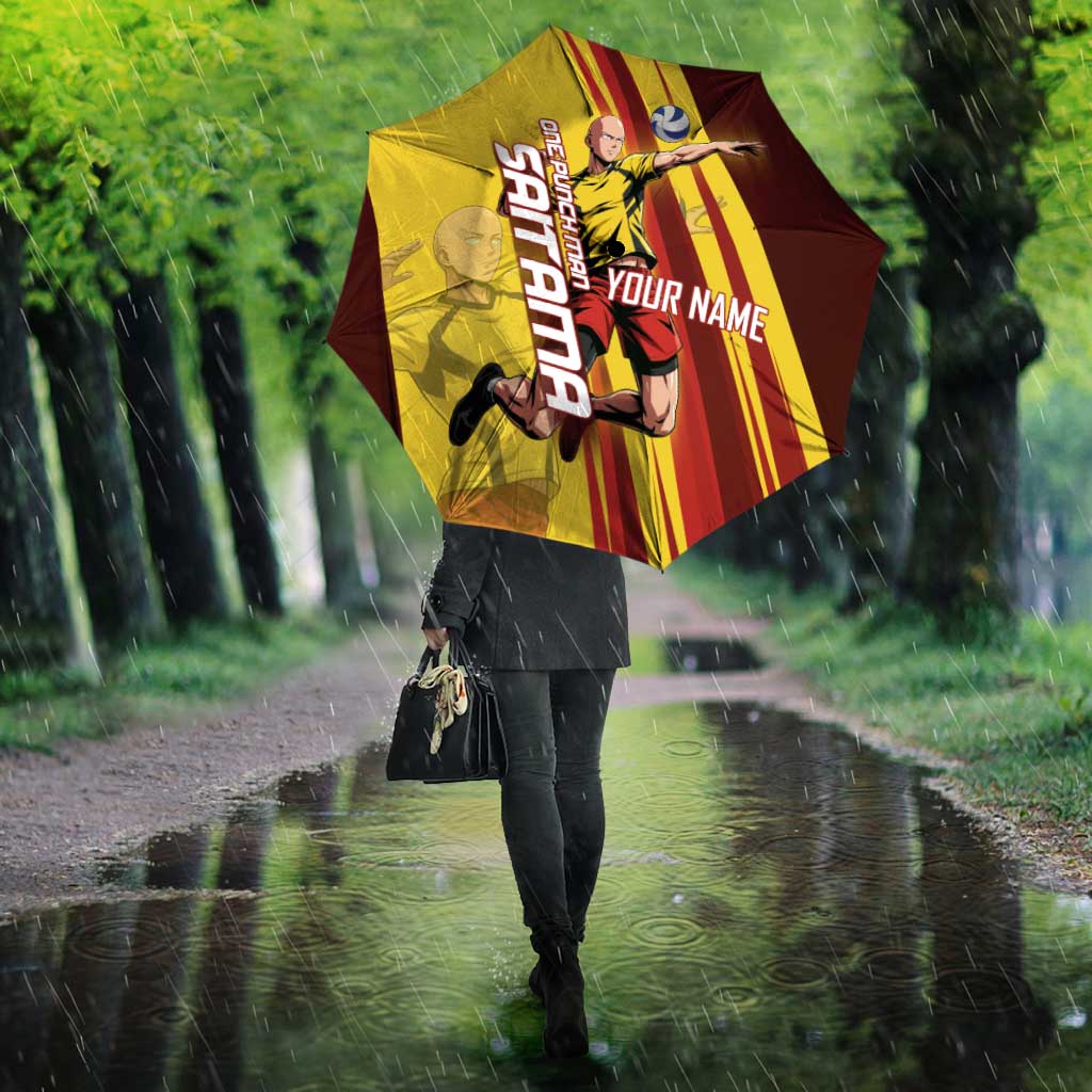 Personalized Saitama Volleyball Design Umbrella with Yellow and Red Athletic Theme and Powerful Spike Pose