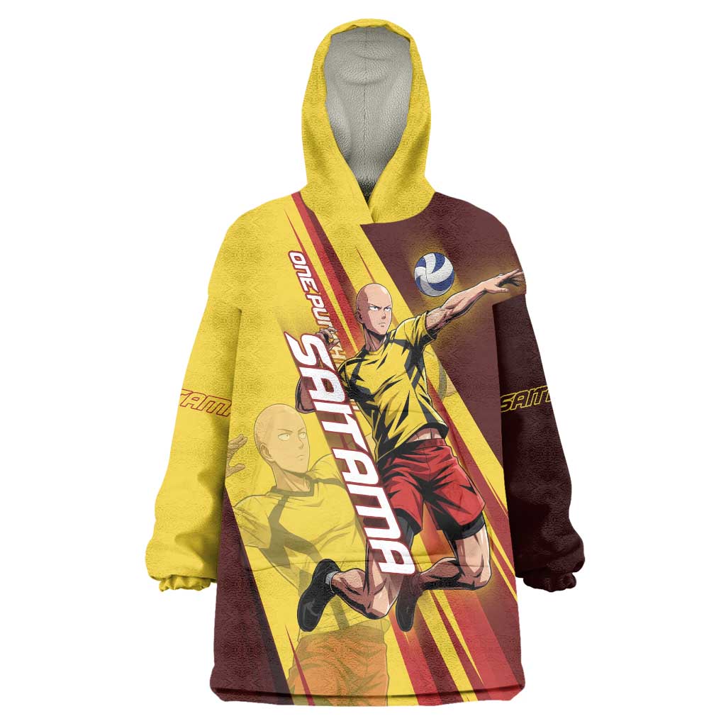 Personalized Saitama Volleyball Design Wearable Blanket Hoodie with Yellow and Red Athletic Theme and Powerful Spike Pose