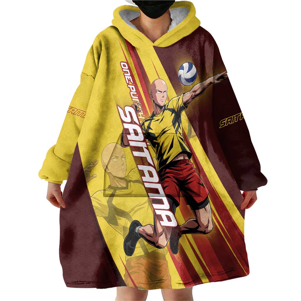 Personalized Saitama Volleyball Design Wearable Blanket Hoodie with Yellow and Red Athletic Theme and Powerful Spike Pose