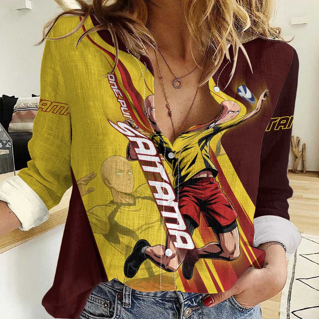 Personalized Saitama Volleyball Design Women Casual Shirt with Yellow and Red Athletic Theme and Powerful Spike Pose