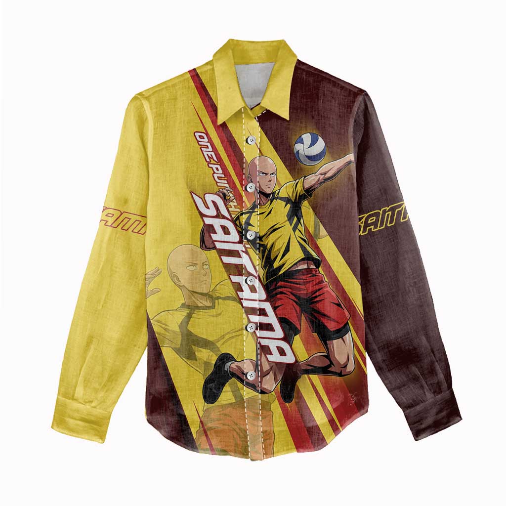 Personalized Saitama Volleyball Design Women Casual Shirt with Yellow and Red Athletic Theme and Powerful Spike Pose