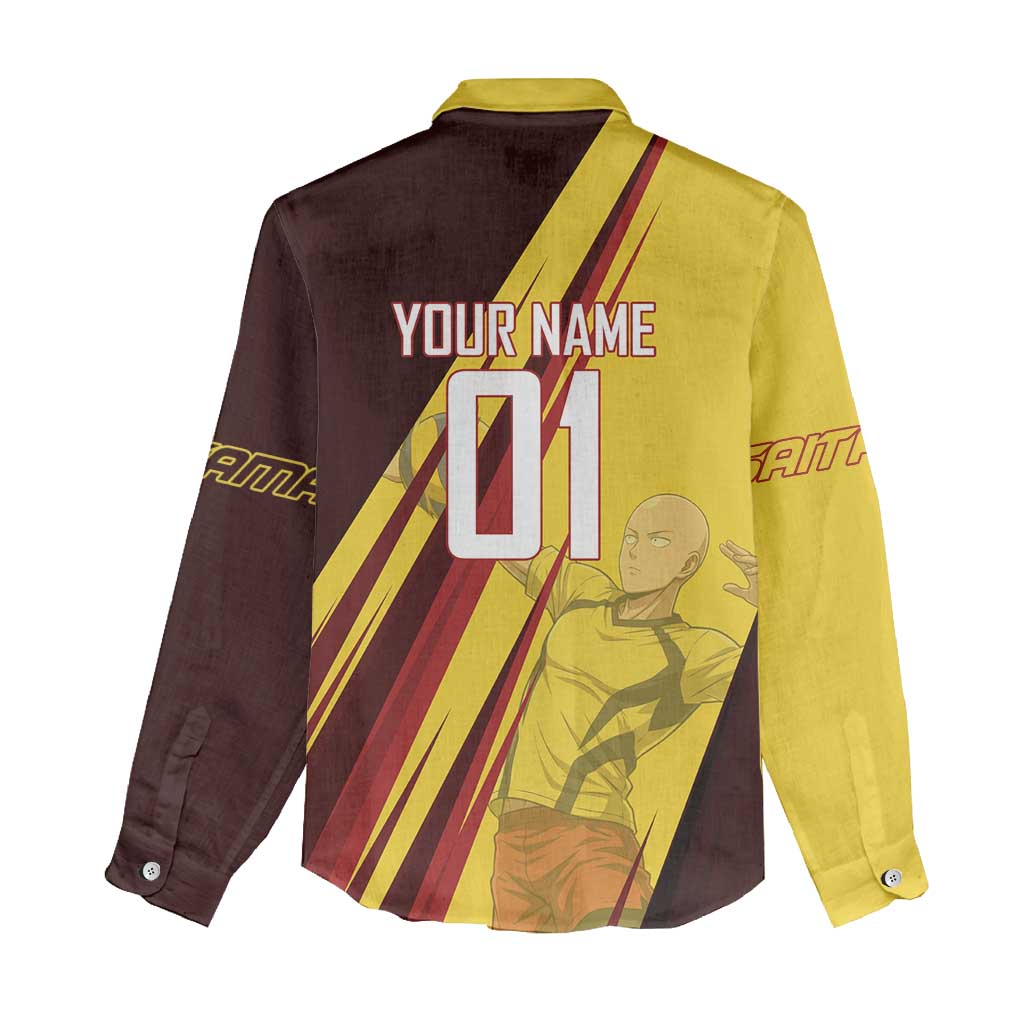 Personalized Saitama Volleyball Design Women Casual Shirt with Yellow and Red Athletic Theme and Powerful Spike Pose