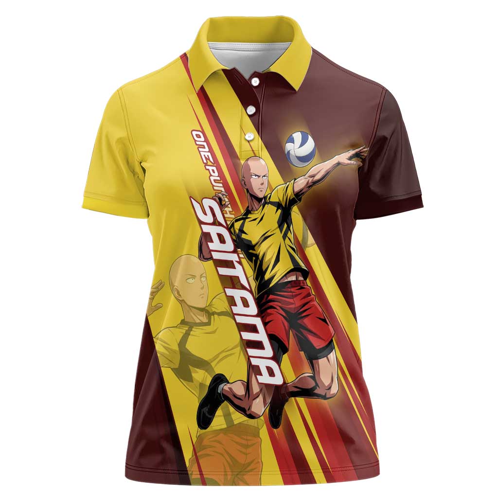 Personalized Saitama Volleyball Design Women Polo Shirt with Yellow and Red Athletic Theme and Powerful Spike Pose