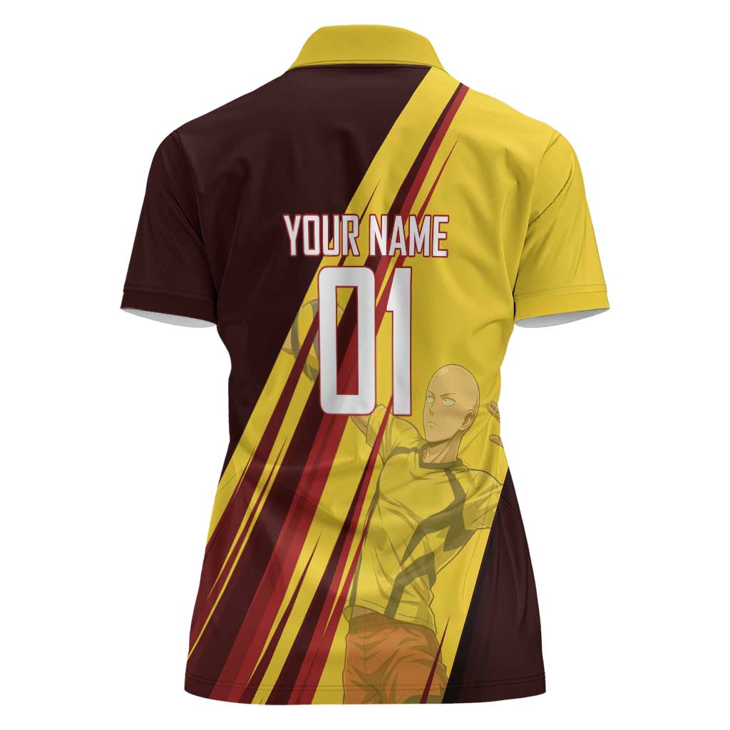 Personalized Saitama Volleyball Design Women Polo Shirt with Yellow and Red Athletic Theme and Powerful Spike Pose